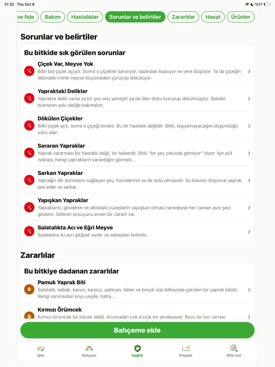 Sorunlar ve zararlılar listesi